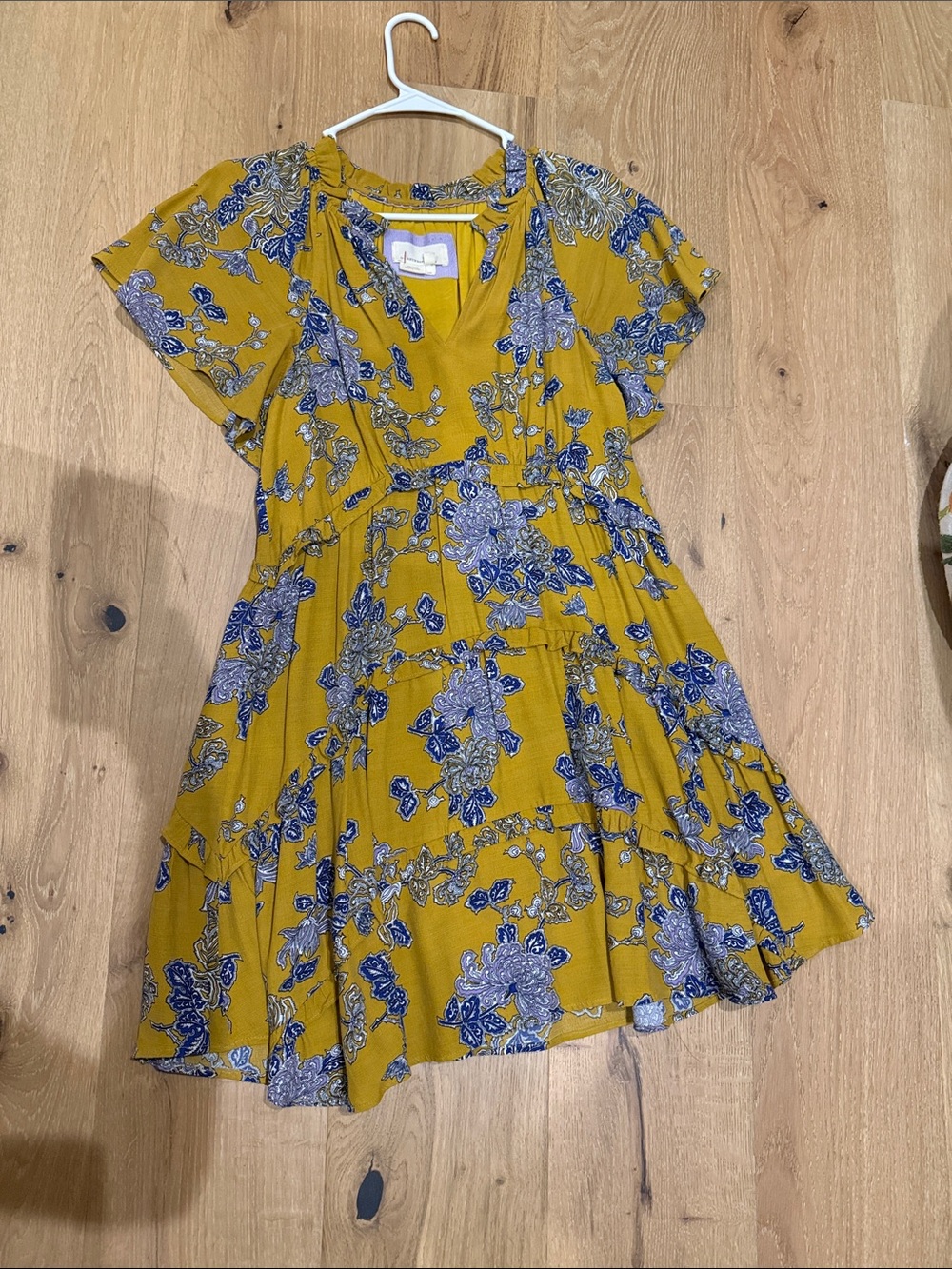 Anthropologie Mustard Yellow Floral Tiered Casual Dress